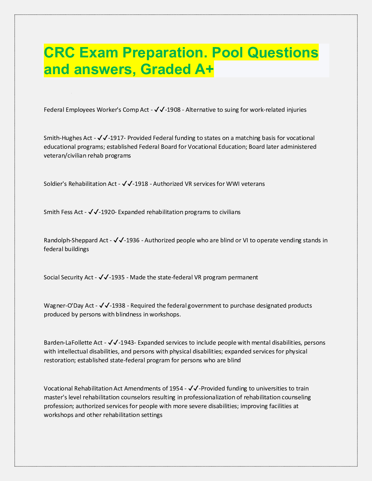 Preview image for CRC Exam Preparation. Pool Questions  and answers, Graded A+
